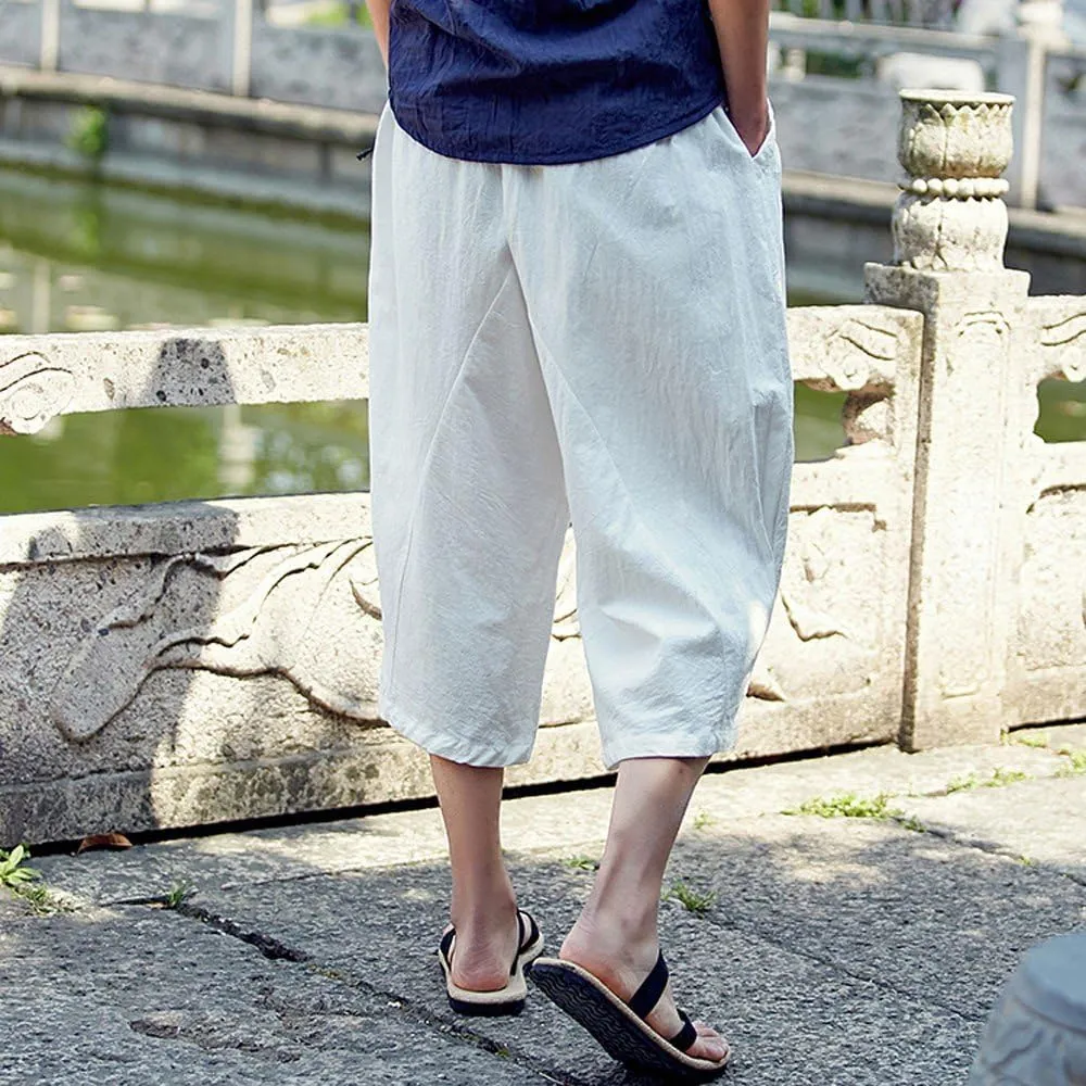 Men's Linen Capri Pants Casual Drawstring Yoga Pants Baggy Harem Pants Wide Leg Summer Beach Capris with Pockets