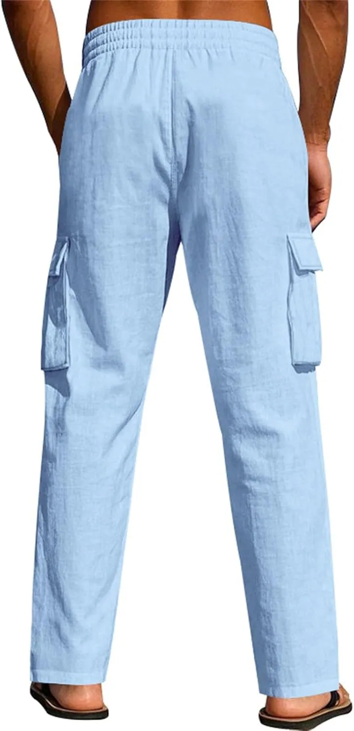 Mens Linen Cargo Pants Relaxed Fit Drawstring Waist Beach Pants with Pockets Casual Summer Lightweight Trousers