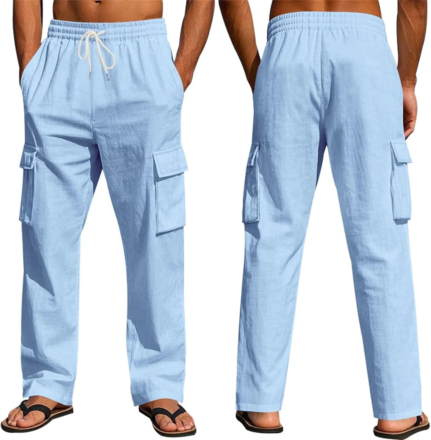 Mens Linen Cargo Pants Relaxed Fit Drawstring Waist Beach Pants with Pockets Casual Summer Lightweight Trousers