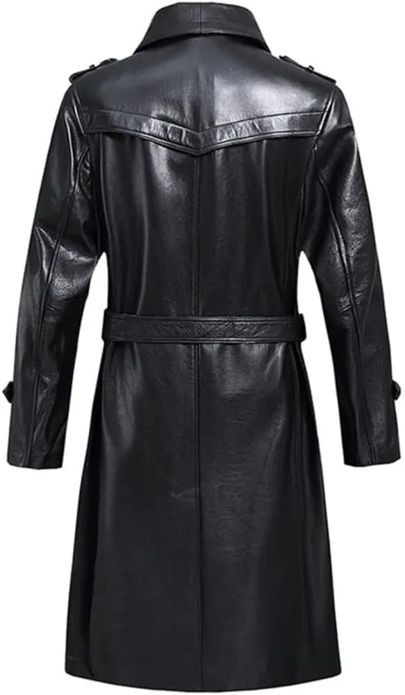 Men's Long Double-Breasted Sheepskin Real Leather Trench Coat Lapel Collar Winter Warm Parka Black Overcoat Outerwear