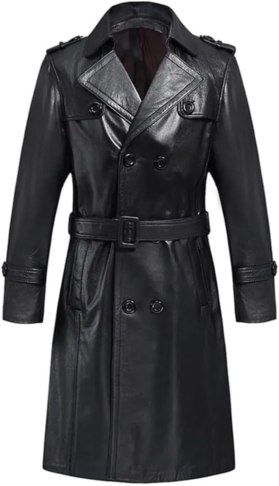 Men's Long Double-Breasted Sheepskin Real Leather Trench Coat Lapel Collar Winter Warm Parka Black Overcoat Outerwear
