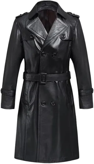 Men's Long Double-Breasted Sheepskin Real Leather Trench Coat Lapel Collar Winter Warm Parka Black Overcoat Outerwear