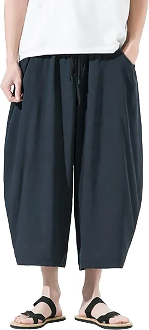 Men's Long Linen Harem Shorts 3/4 Summer Drawstring Beach Capri Pants Casual Loose Cotton Yoga Pants with Pockets