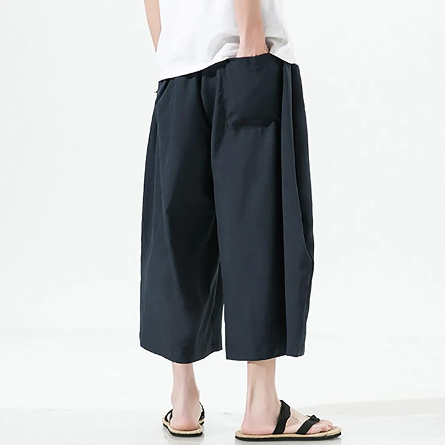 Men's Long Linen Harem Shorts 3/4 Summer Drawstring Beach Capri Pants Casual Loose Cotton Yoga Pants with Pockets