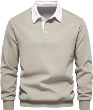 Men's Long Sleeve Polo Shirts Slim-fit Cotton Rugby Shirt Basic Color Spliced Designed Sweatshirt