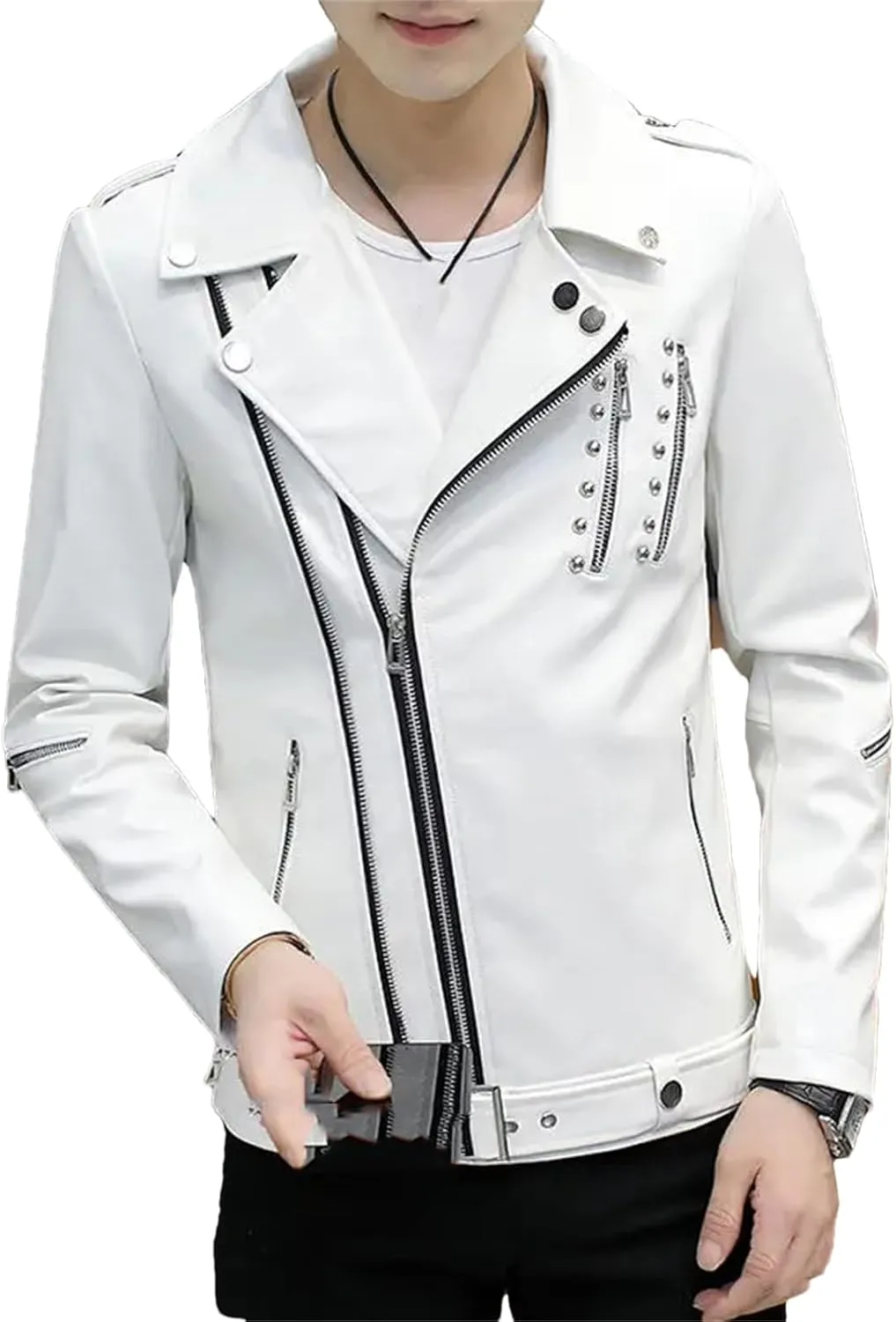 Men's Long Sleeve Zip Leather Jacket Slim Fit Personality Short Coat