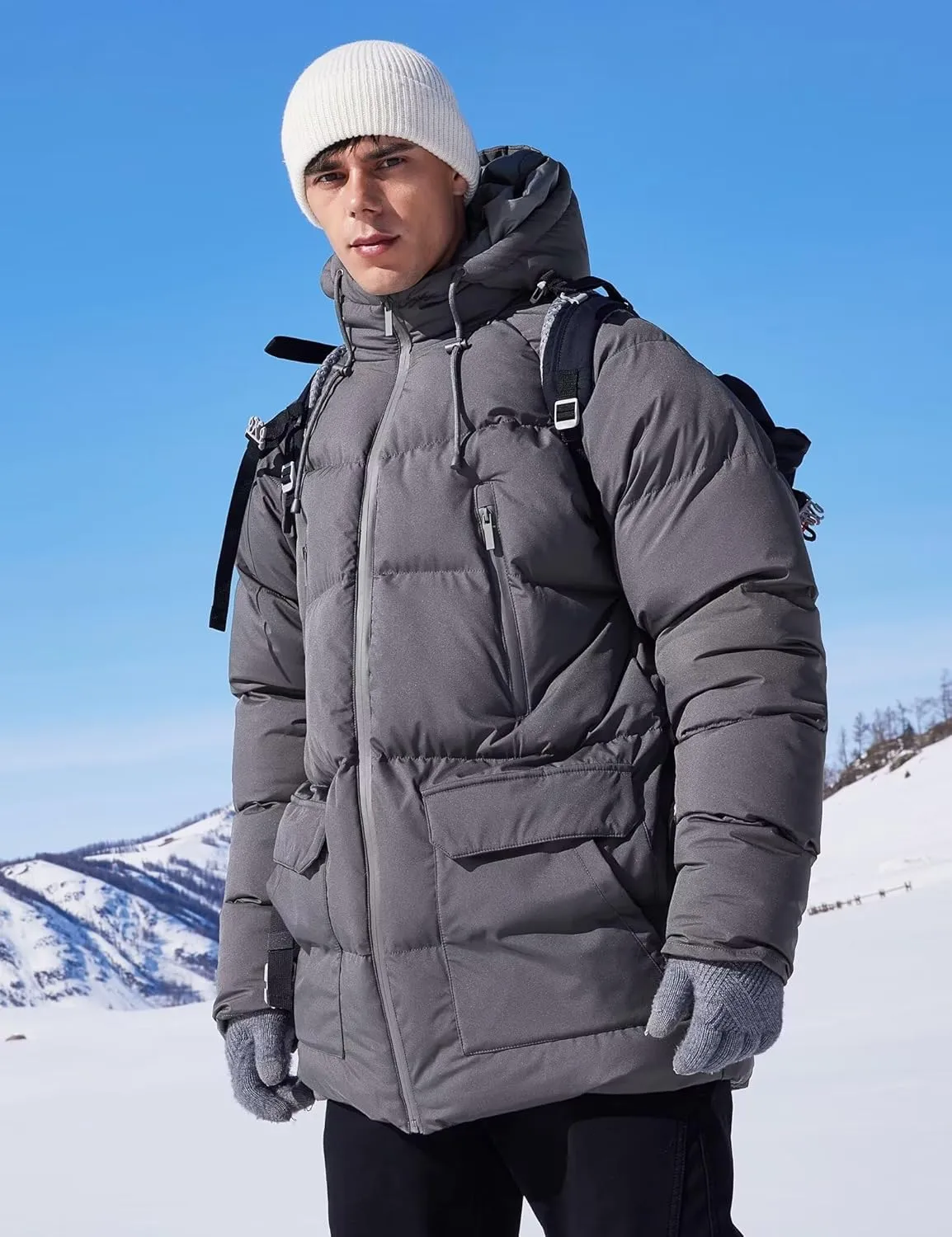 Men's Long Winter Coat Hooded Warm Quilted Jacket Water-resistant Cold Weather Parka