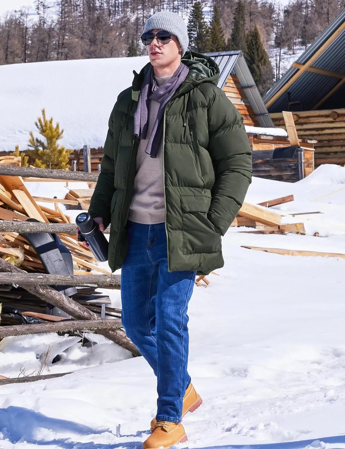 Men's Long Winter Coat Hooded Warm Quilted Jacket Water-resistant Cold Weather Parka