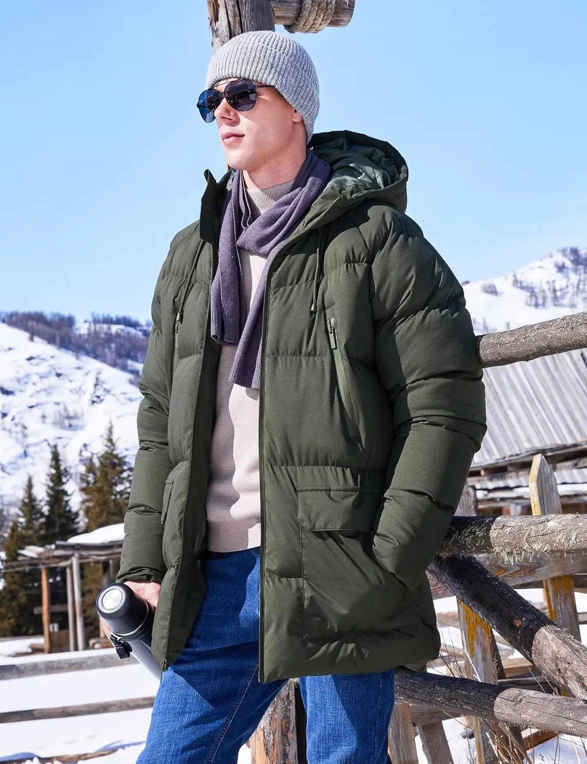 Men's Long Winter Coat Hooded Warm Quilted Jacket Water-resistant Cold Weather Parka