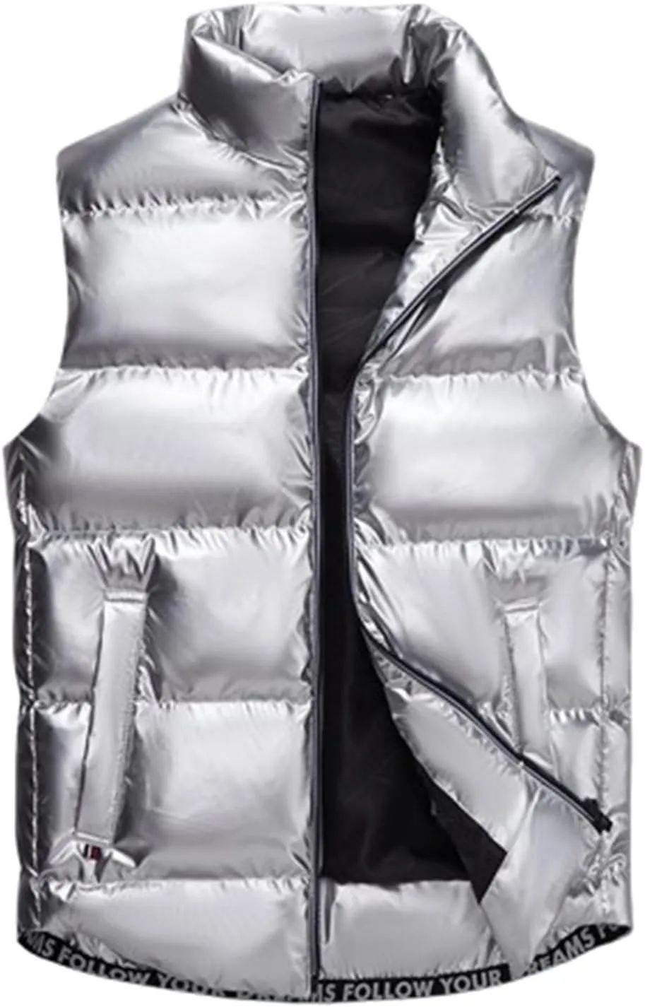 Mens Metallic Puffer Vest Coat, Full Zip Down Jacket Plus Size Winter Padded Shiny Coat Waistcoat