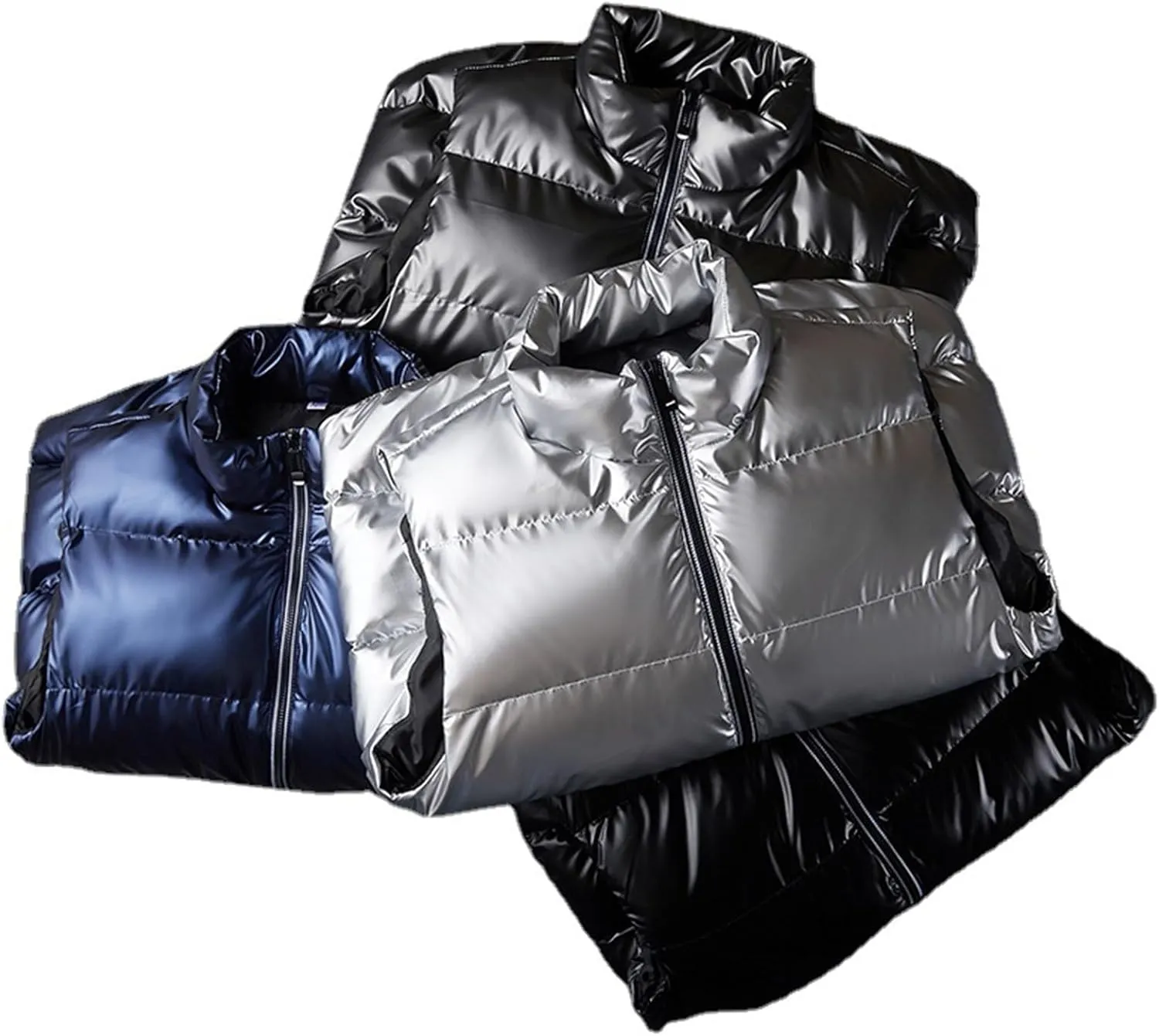 Mens Metallic Puffer Vest Coat, Full Zip Down Jacket Plus Size Winter Padded Shiny Coat Waistcoat