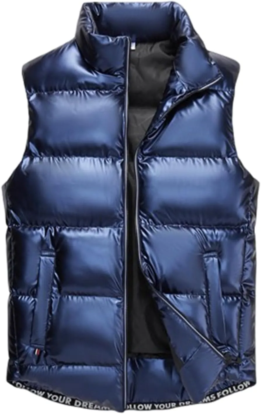Mens Metallic Puffer Vest Coat, Full Zip Down Jacket Plus Size Winter Padded Shiny Coat Waistcoat