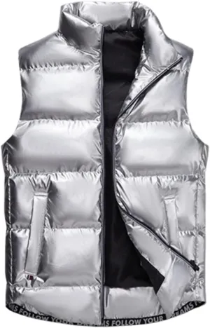 Mens Metallic Puffer Vest Coat, Full Zip Down Jacket Plus Size Winter Padded Shiny Coat Waistcoat