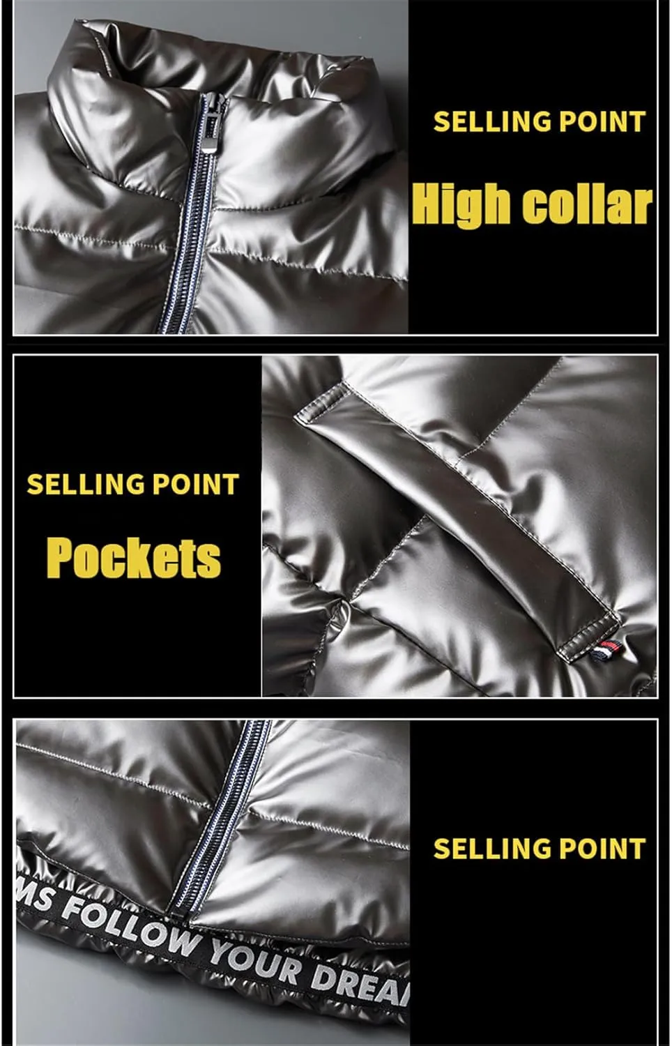 Mens Metallic Puffer Vest Coat, Full Zip Down Jacket Plus Size Winter Padded Shiny Coat Waistcoat