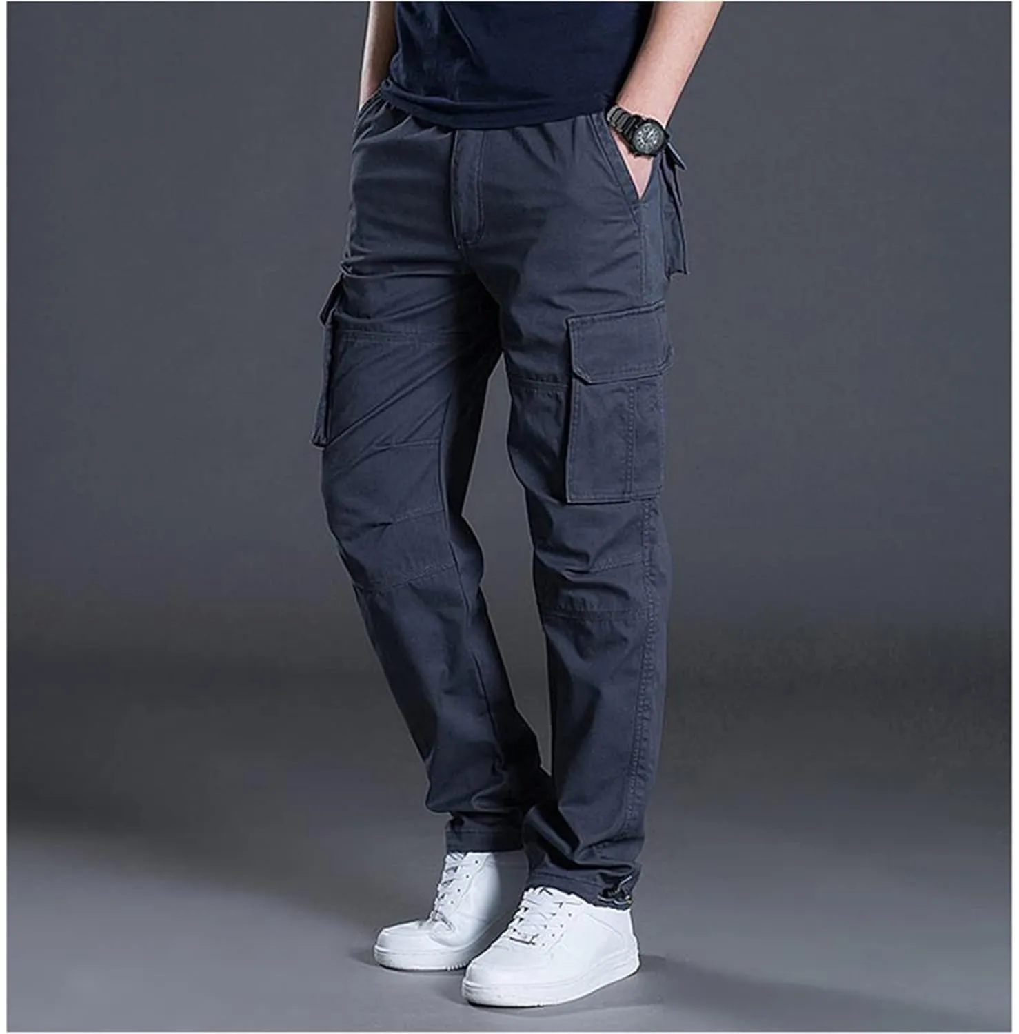 Men's Multi Pockets Elastic Waist Cargo Pants Casual Loose Fit Lightweight Workwear Pants Outdoor Athletic Cargo Pants (Small,Gray 1)