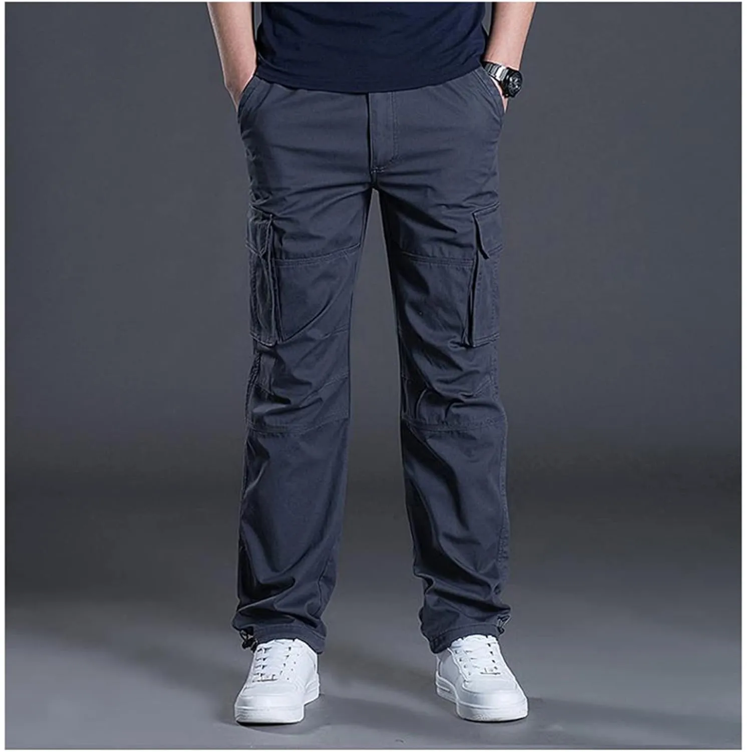 Men's Multi Pockets Elastic Waist Cargo Pants Casual Loose Fit Lightweight Workwear Pants Outdoor Athletic Cargo Pants (Small,Gray 1)
