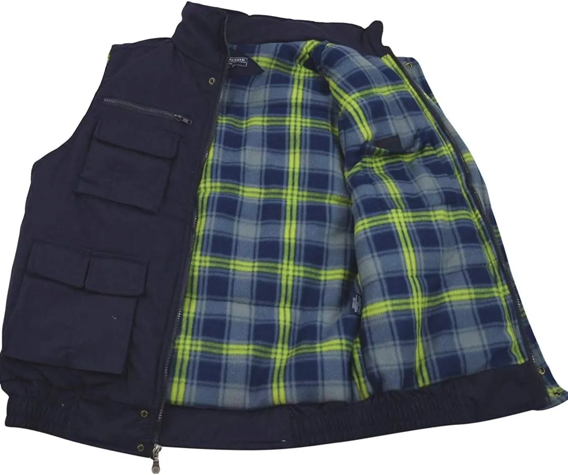 Men's Multiple Pocket Water Resistant Poplin Shell Polar Fleece Lined Padded Utility Vest