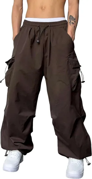Men's Parachute Cargo Pants Solid Color Baggy Casual Harem Joggers Hip Hop Outdoor Streetwear Sweatpants with Pockets