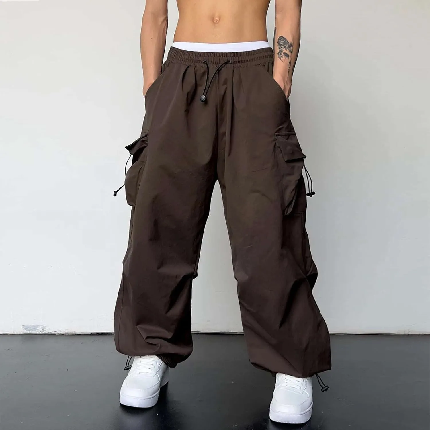 Men's Parachute Cargo Pants Solid Color Baggy Casual Harem Joggers Hip Hop Outdoor Streetwear Sweatpants with Pockets