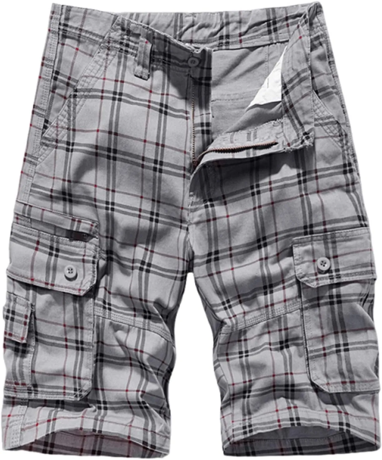 Men's Plaid Cargo Shorts Trendy Color Block Casual Loose Shorts Button Down Elastic Waist Golf Shorts with Pockets