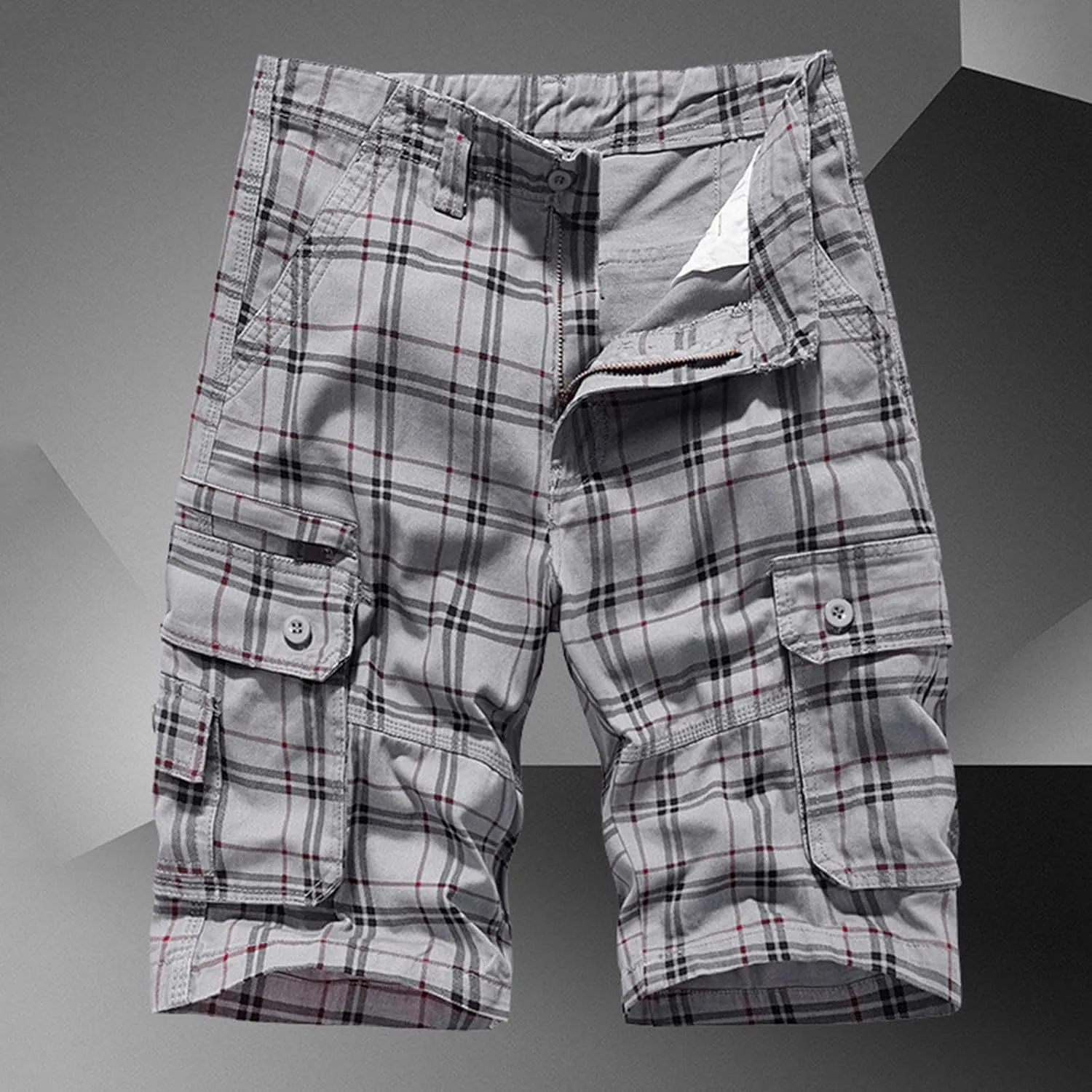 Men's Plaid Cargo Shorts Trendy Color Block Casual Loose Shorts Button Down Elastic Waist Golf Shorts with Pockets