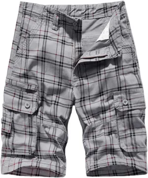 Men's Plaid Cargo Shorts Trendy Color Block Casual Loose Shorts Button Down Elastic Waist Golf Shorts with Pockets