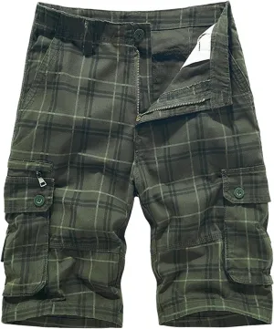 Men's Plaid Cargo Shorts Trendy Color Block Casual Loose Shorts Button Down Elastic Waist Golf Shorts with Pockets