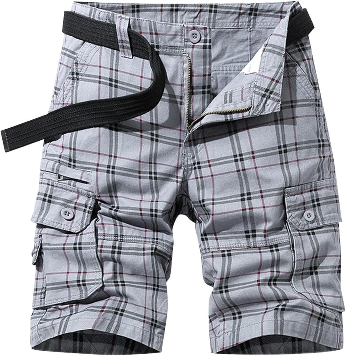 Men's Plaid Cargo Shorts Trendy Color Block Casual Loose Shorts Button Down Elastic Waist Golf Shorts with Pockets