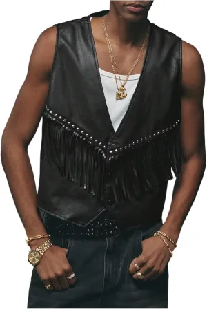 Men's PU Leather Outerwear Vest Y2k Studded Tassel Deep V Neck Western Jacket