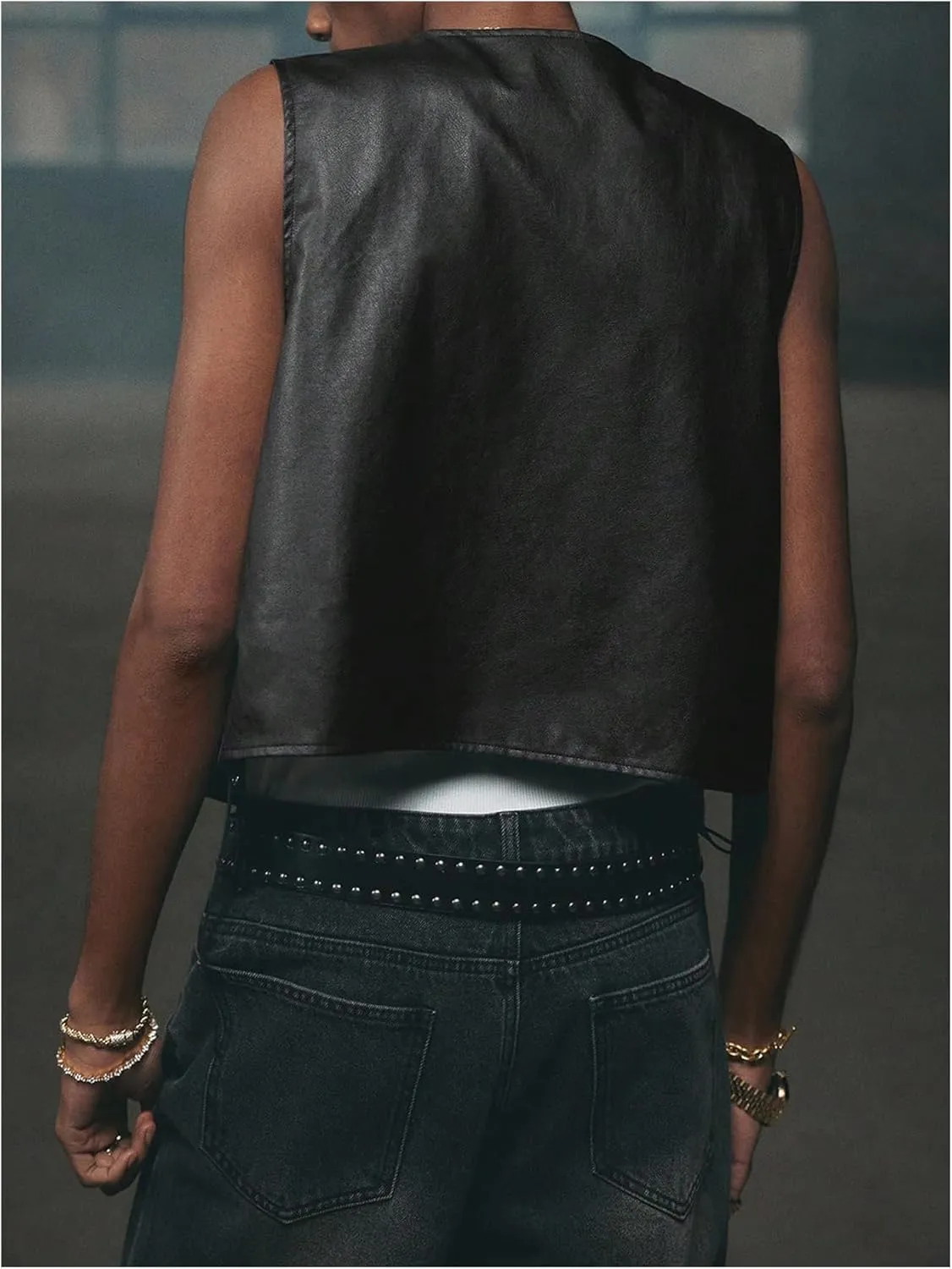 Men's PU Leather Outerwear Vest Y2k Studded Tassel Deep V Neck Western Jacket
