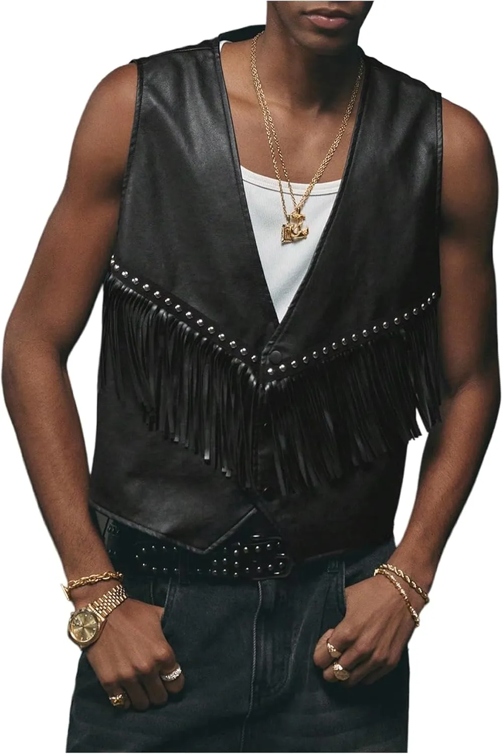 Men's PU Leather Outerwear Vest Y2k Studded Tassel Deep V Neck Western Jacket