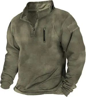 Mens Quarter Zip Pullover Vintage Classic Mock Neck Tactical Sweatshirt Outdoor Hiking Stand Collar Military Sweaters