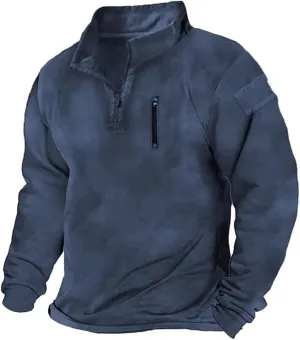 Mens Quarter Zip Pullover Vintage Classic Mock Neck Tactical Sweatshirt Outdoor Hiking Stand Collar Military Sweaters