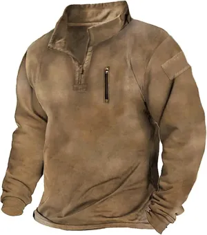 Mens Quarter Zip Pullover Vintage Classic Mock Neck Tactical Sweatshirt Outdoor Hiking Stand Collar Military Sweaters