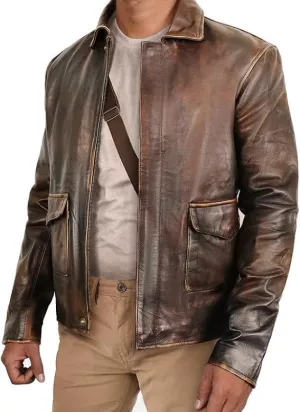 Men's Raiders of The Lost Ark Indiana Harrison Jones Vintage Brown Bomber Leather Jacket - Genuine Cowhide Leather Jacket
