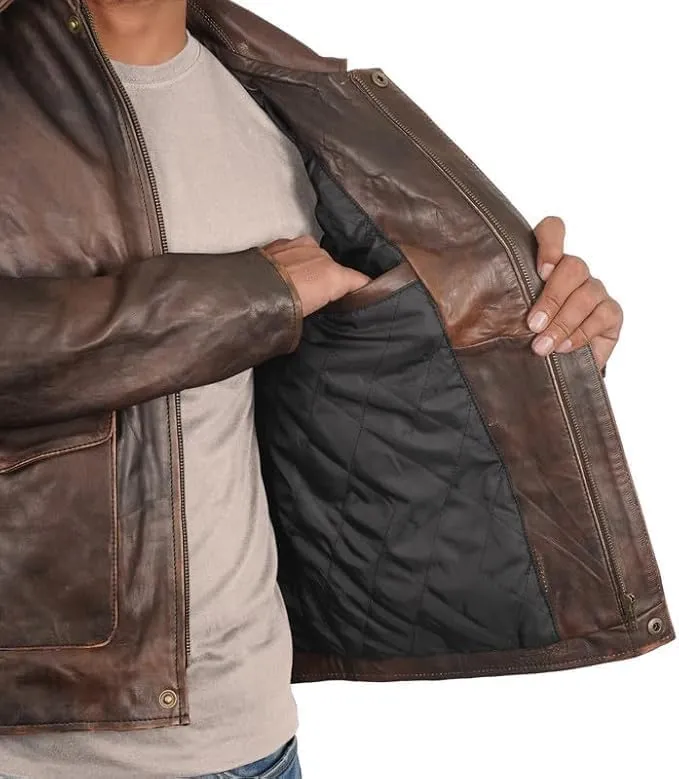 Men's Raiders of The Lost Ark Indiana Harrison Jones Vintage Brown Bomber Leather Jacket - Genuine Cowhide Leather Jacket