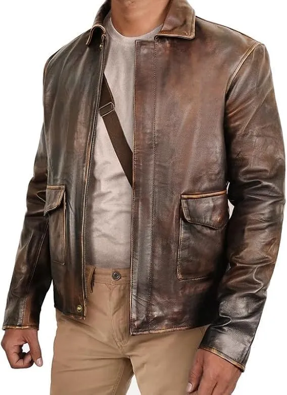 Men's Raiders of The Lost Ark Indiana Harrison Jones Vintage Brown Bomber Leather Jacket - Genuine Cowhide Leather Jacket