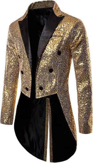 Mens Sequin Tuxedo Tailcoat Swallowtail Suit Jacket Dinner Prom Party Wedding Blazer Slim Fit Show Tux Dress Coat