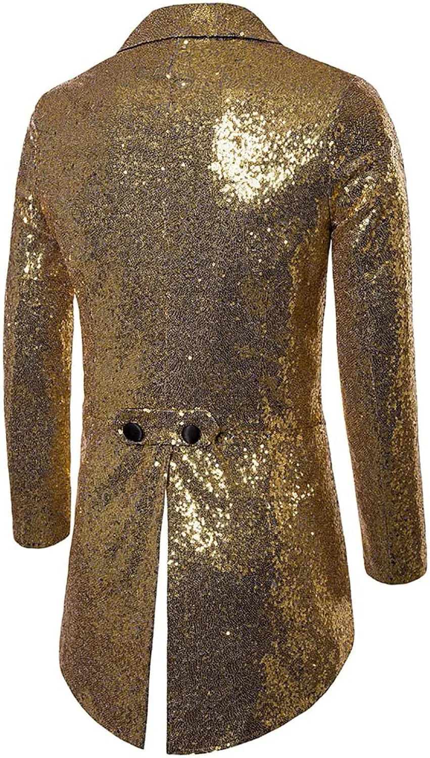 Mens Sequin Tuxedo Tailcoat Swallowtail Suit Jacket Dinner Prom Party Wedding Blazer Slim Fit Show Tux Dress Coat