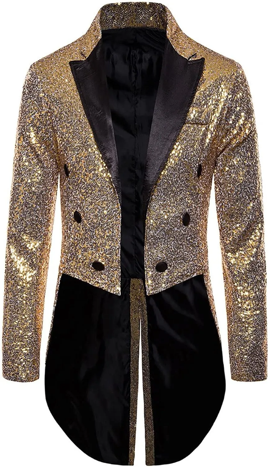 Mens Sequin Tuxedo Tailcoat Swallowtail Suit Jacket Dinner Prom Party Wedding Blazer Slim Fit Show Tux Dress Coat