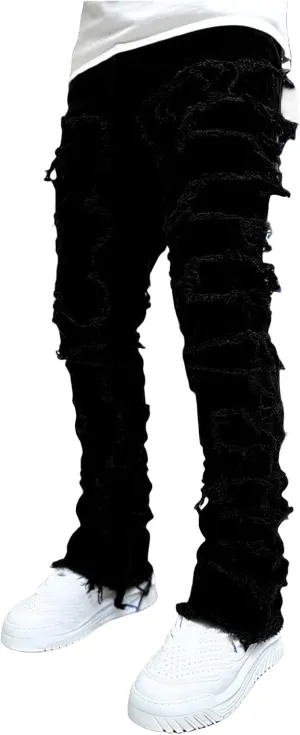 Men's Slim Fit Stretch Jeans Straight Leg Denim Pants Distressed Patchwork Stacked Frayed Fashion Stretch Trouser