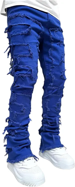 Men's Slim Fit Stretch Jeans Straight Leg Denim Pants Distressed Patchwork Stacked Frayed Fashion Stretch Trouser
