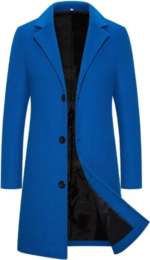 Mens Slim Fit Winter Trench Coat with Notched Collar, Single Breasted, Warm Soft Pea Coat Style Overcoat
