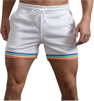 Mens Sweat Shorts Summer Solid Color Rainbow Stripe Pride-Shorts Pants Pocket Drawstring Gym Sports Running Shorts