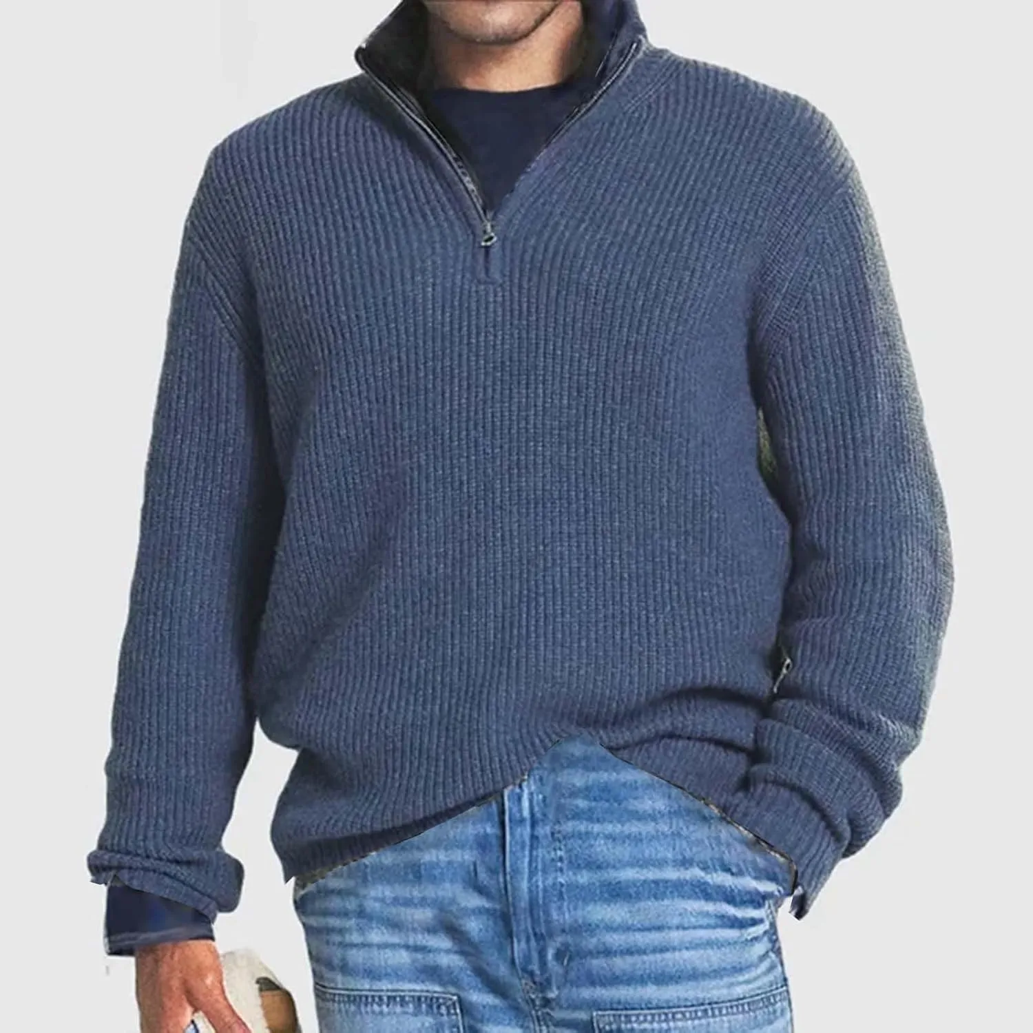 Mens Sweater Quarter Zip Pullover Cable Knit Sweater Long Sleeve Mock Turtleneck for Men Business Casual Sweater