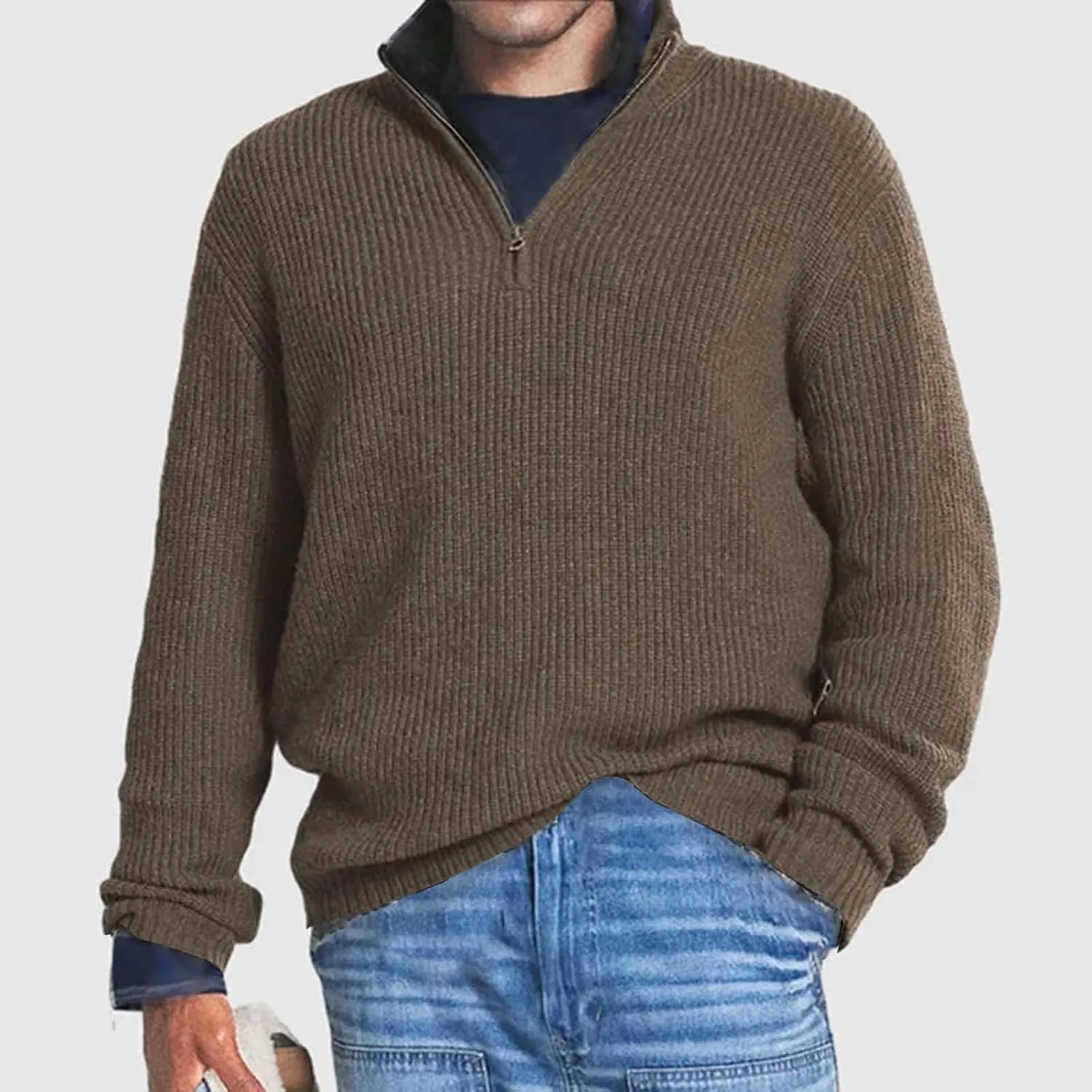 Mens Sweater Quarter Zip Pullover Cable Knit Sweater Long Sleeve Mock Turtleneck for Men Business Casual Sweater