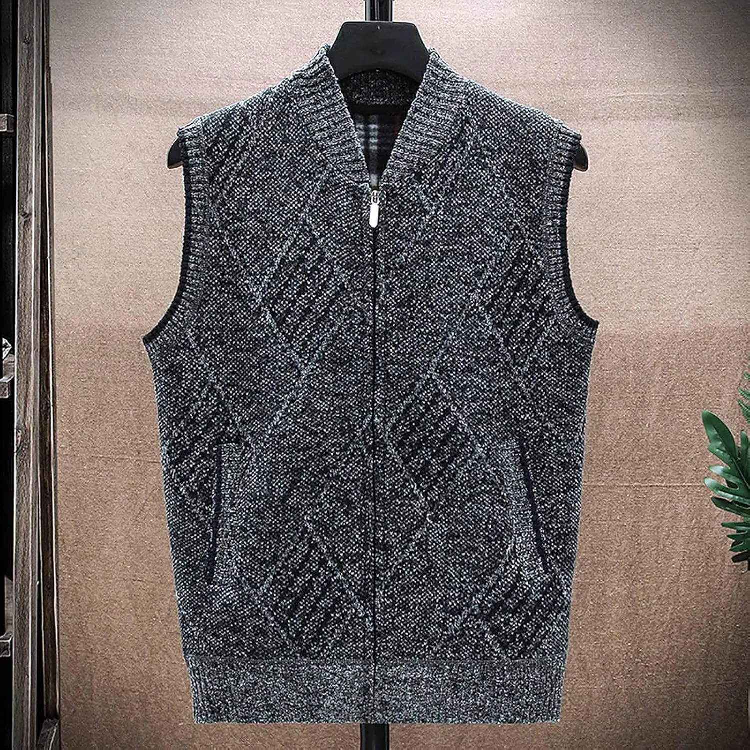 Men's Sweater Vest Fashion Sleeveless Argyle Knitwear Zipper Knitted Cardigan Vest Outerwear
