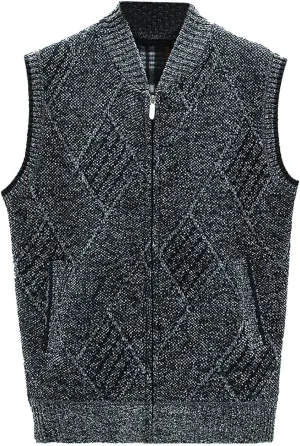 Men's Sweater Vest Fashion Sleeveless Argyle Knitwear Zipper Knitted Cardigan Vest Outerwear