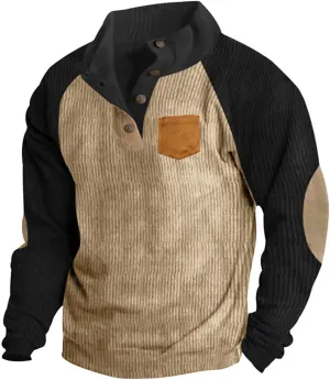 Mens Sweatshirt Corduroy Tactical Henley Shirts Casual Long Sleeve Elbow Patche Pullover Mock Neck Buttons Polo Shirts