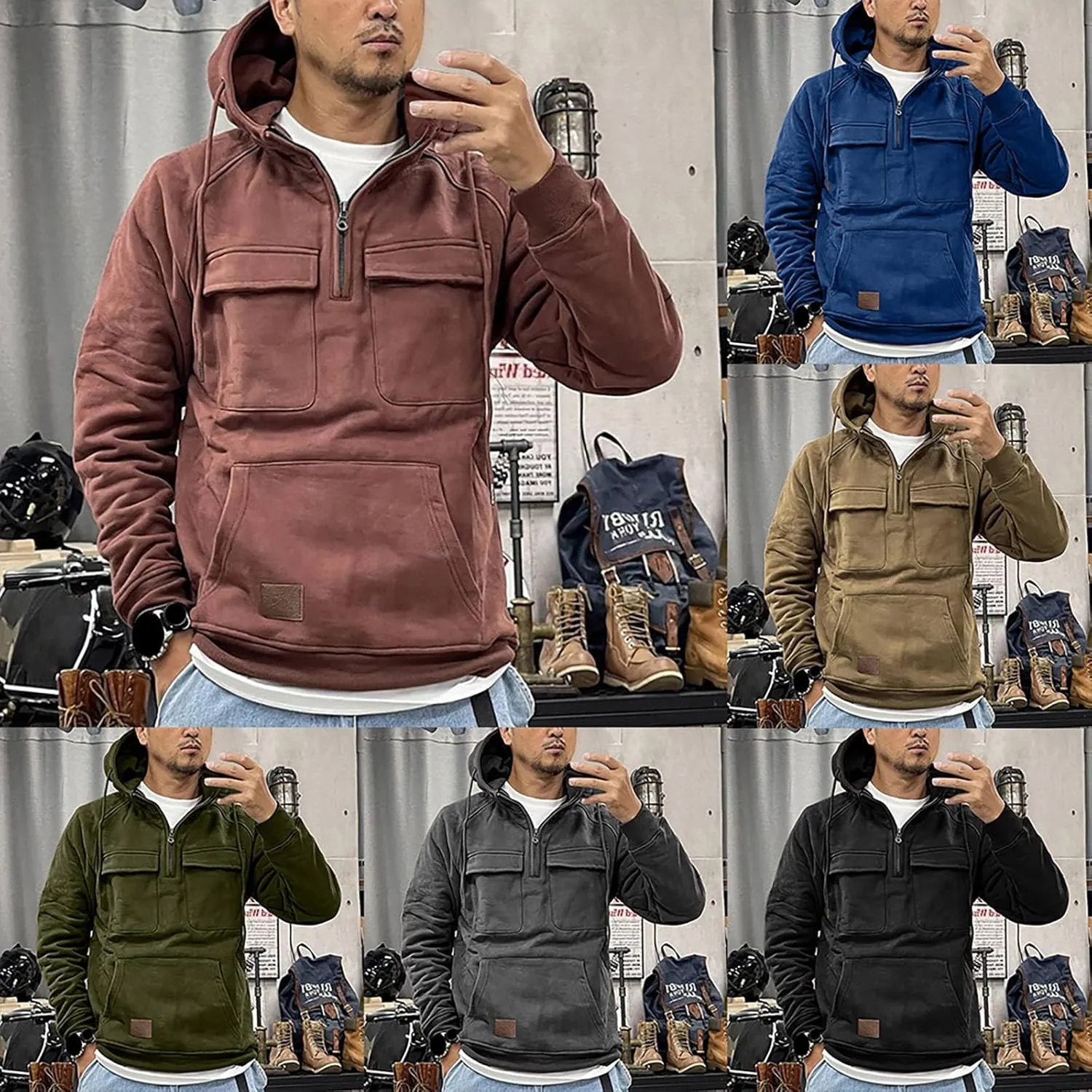 Mens Tactical Sweatshirts Quarter Zip Up Hoodies Long Sleeve Hooded Workout Cargo Jackets Lightweight Pullover